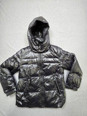 S13 NYC Girls 8 10 Hooded Puffer Jacket Black Glossy Insulated Down Coat